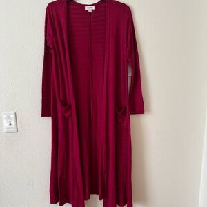 LuLaRoe Sarah Duster Cardigan Open Front Size XS Maroon Striped Pockets